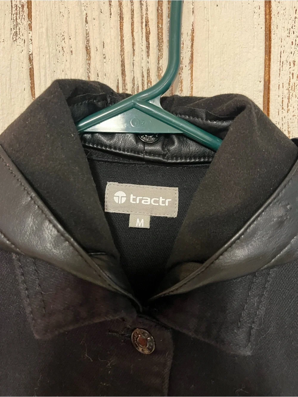 Tractr Black Jean Jacket with Olive Crochet Sleeves and Hooded Collar